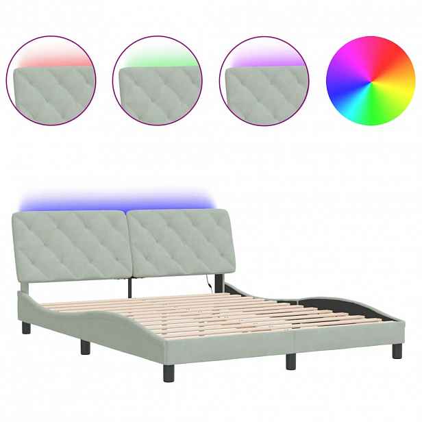 vidaXL Rám postele s LED bez matrace světle šedý 160 x 200 cm samet
