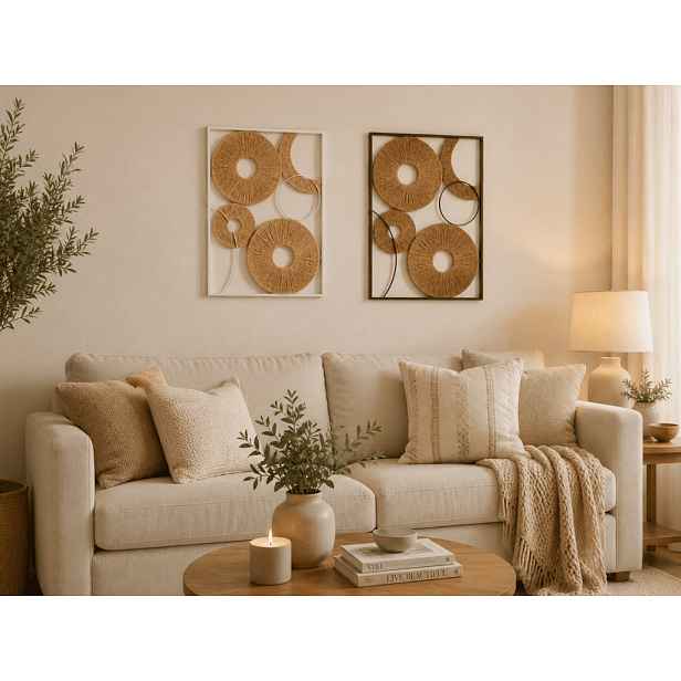 Sada 2 ks nástěnné dekorace CIRCLES kov 48x68 cm, hnědá / bílá