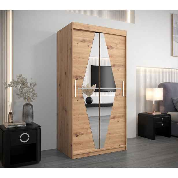 Šatní skříň se zrcadly REBEKA - šířka 100 cm, dub artisan
