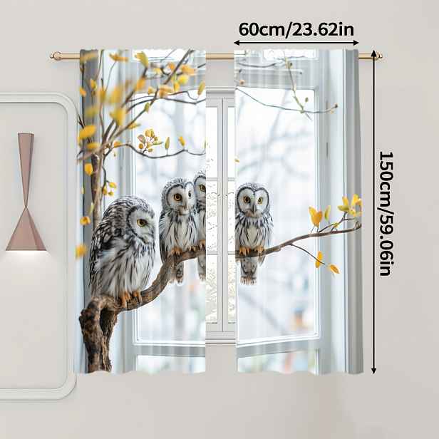 TEMU 2ks Bohémské Art Deco Závěsy s Potiskem Sovy - 100% Polyester, Pratelné v Pračce, Světlo Propouštějící Záclony se Kapsou na Tyčku pro Kuchyně,