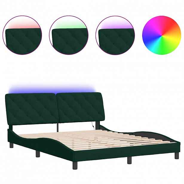 vidaXL Rám postele s LED bez matrace tmavě zelený 160 x 200 cm samet