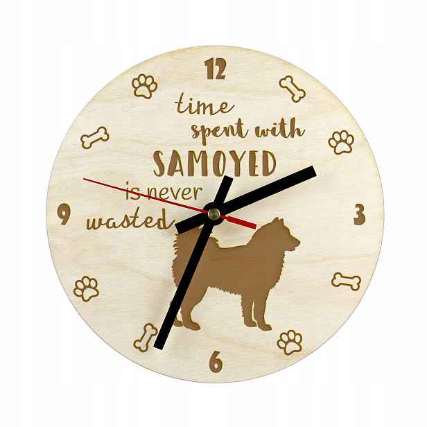 Samojed Samoyed gravírovaný hodinový stroj se psem, průměr 30 cm, jméno psa