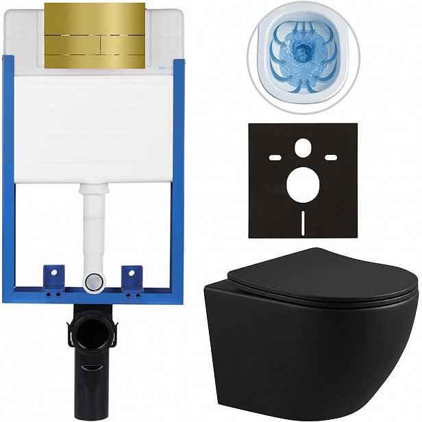 Kompletní WC set Profi/Cesso - černá matná - WC tlačítko Line/Zlatá - pro zazdění - 49x36 cm