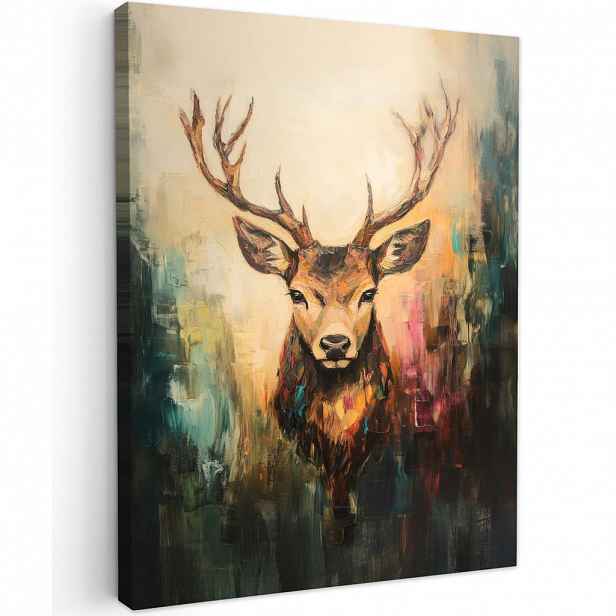 MuchoWow OBRAZ NA PLÁTNĚ Jelen - malovaný - paroží - hnědé 60x80 cm