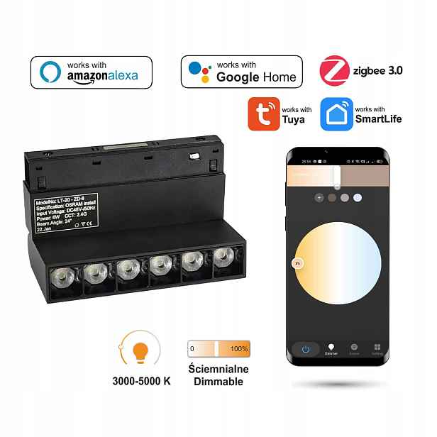 Regulovatelný reflektor Černý Led Zigbee Grille 6W pro Smart Track