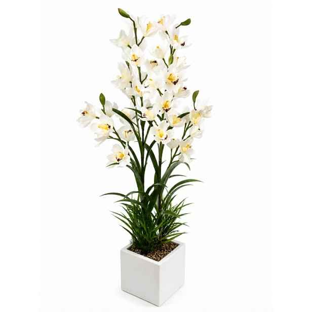 Umělé květy orchidej v květináči – 110 cm v bílé barvě