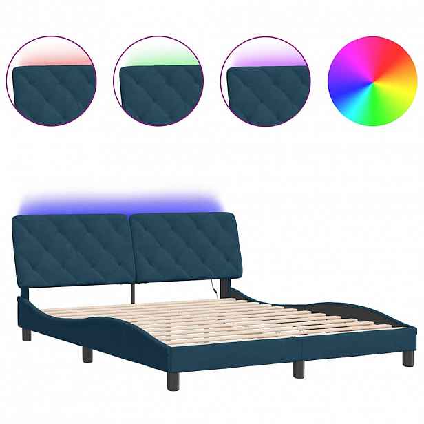 vidaXL Rám postele s LED bez matrace modrý 160 x 200 cm samet