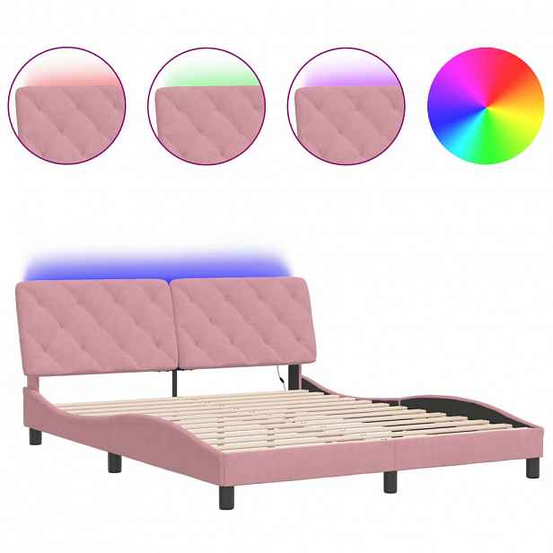 vidaXL Rám postele s LED bez matrace růžový 160 x 200 cm samet
