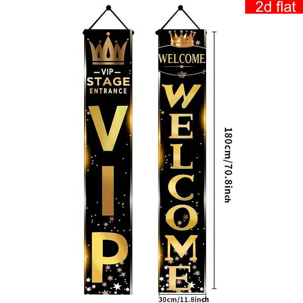 TEMU 2D Plochý, 1 Pár Elegantní Černá Zlatá Filmová Banner s Korunou a Hvězdami - Vhodné pro VIP Párty, Kino Téma Dekorace na Dveře, Závěsný Banner