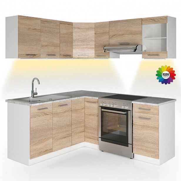 Vicco ROHOVÁ KUCHYŇSKÁ LINKA R-Line, Sonoma/Bílá, 187 x 167 cm s pracovní deskou s páskem LED