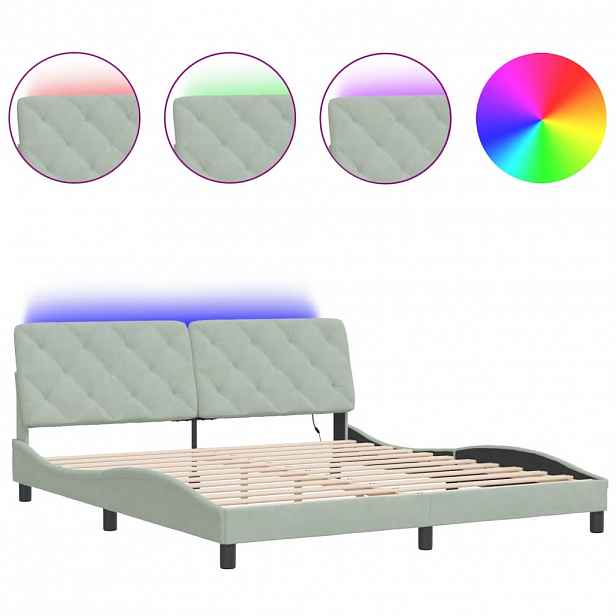 vidaXL Rám postele s LED bez matrace světle šedý 180 x 200 cm samet