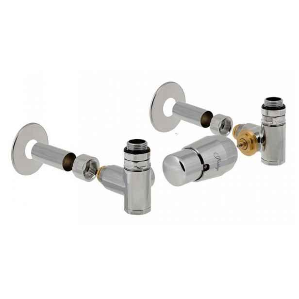 HS Integra - připojovací armatura pro spodní krajní připojení s termostatickou hlavicí napravo pro kombinaci s topnou patronou - lesklý chrom (Matice Pex - Alpex 16x2 mm) + krycí sada