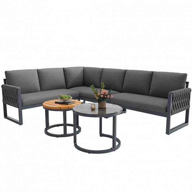 OKWISH ZAHRADNÍ sedací souprava 123/68/86 cm šedá z olefinu a kovu modulární se 2 stolky