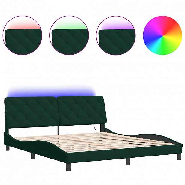 vidaXL Rám postele s LED bez matrace tmavě zelený 180 x 200 cm samet