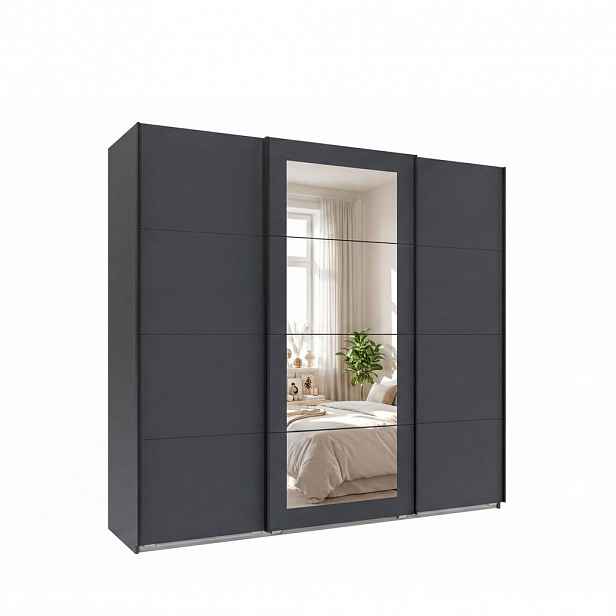 luma-home SKŘÍŇ S VZDUŠNÝMI DVEŘMI, 3dveřová, šířka 225 cm, výška 208 cm, hloubka 64 cm, šatní skříň v grafitové barvě, uprostřed zrcadlo, úchytky čer