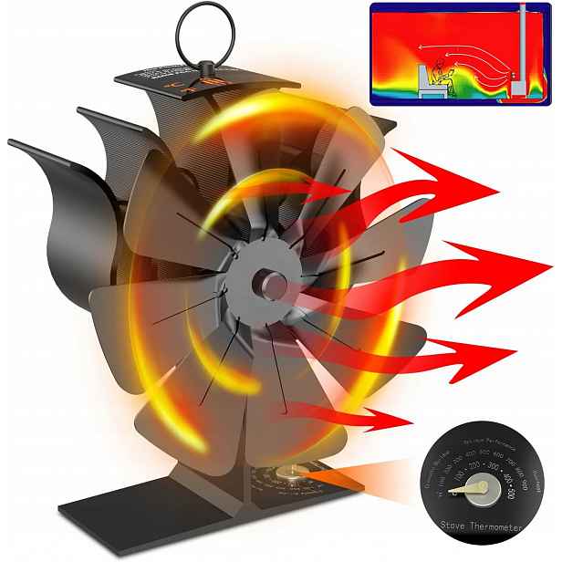 Termoelektrický Krbový Ventilátor 8 Lopatek S Indukčním Teploměrem