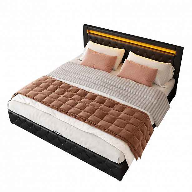 CHICFURN ČALOUNĚNÁ POSTEL 180/200 cm v černé barvě s úložným prostorem a LED osvětlením z PU