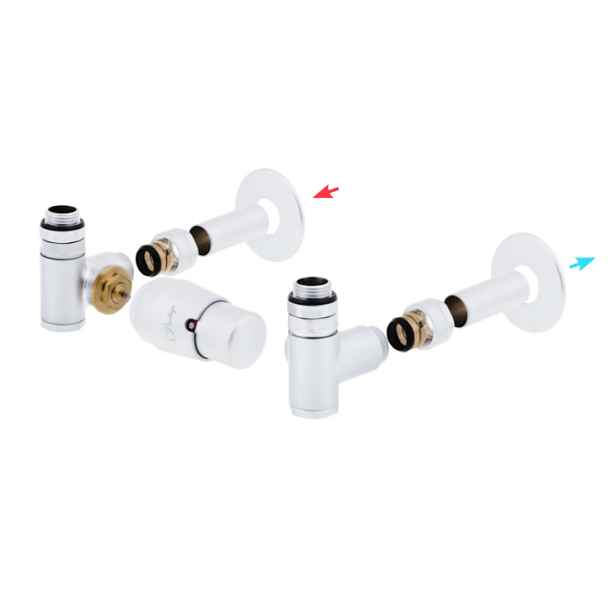 HS Integra - připojovací armatura pro spodní krajní připojení s termostatickou hlavicí nalevo pro kombinaci s topnou patronou - bílá (Matice Pex - Alpex 16x2 mm) + krycí sada