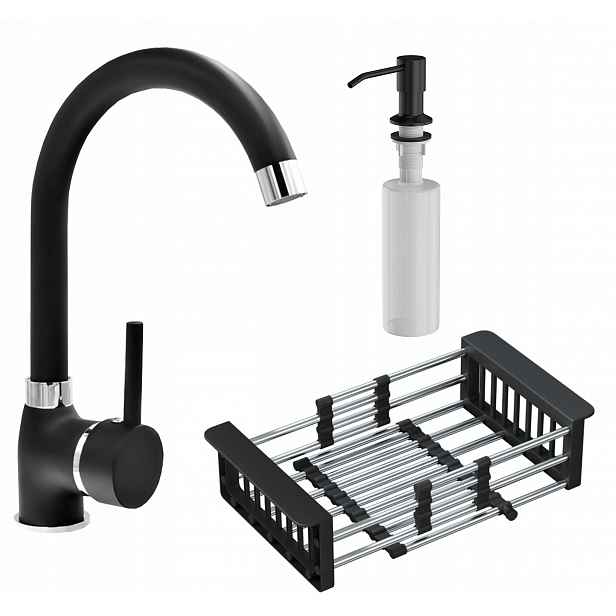 Set Kuchyňská Baterie Černá Dávkovač Odkapávač
