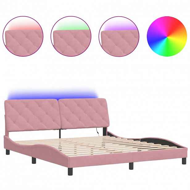 vidaXL Rám postele s LED bez matrace růžový 180 x 200 cm samet
