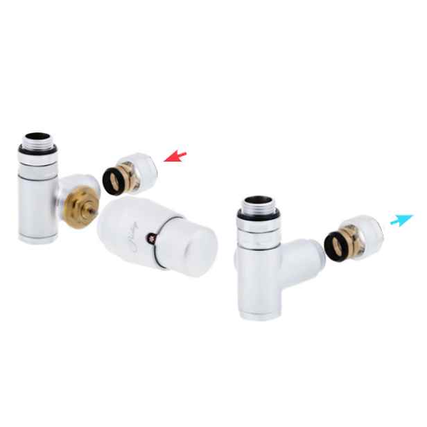 HS Integra - připojovací armatura pro spodní krajní připojení s termostatickou hlavicí nalevo pro kombinaci s topnou patronou - bílá (Matice Pex - Alpex 16x2 mm)
