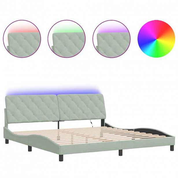 vidaXL Rám postele s LED bez matrace světle šedý 200 x 200 cm samet