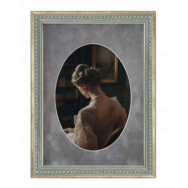 Rámeček Harry stříbrný A4 passe šedý velur oval 15x21 zdobený dřevěný