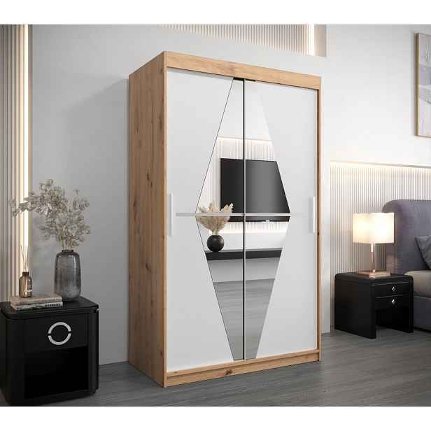 Šatní skříň se zrcadlem KAMILA - šířka 120 cm, dub artisan / bílá