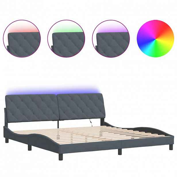vidaXL Rám postele s LED bez matrace tmavě šedý 200 x 200 cm samet