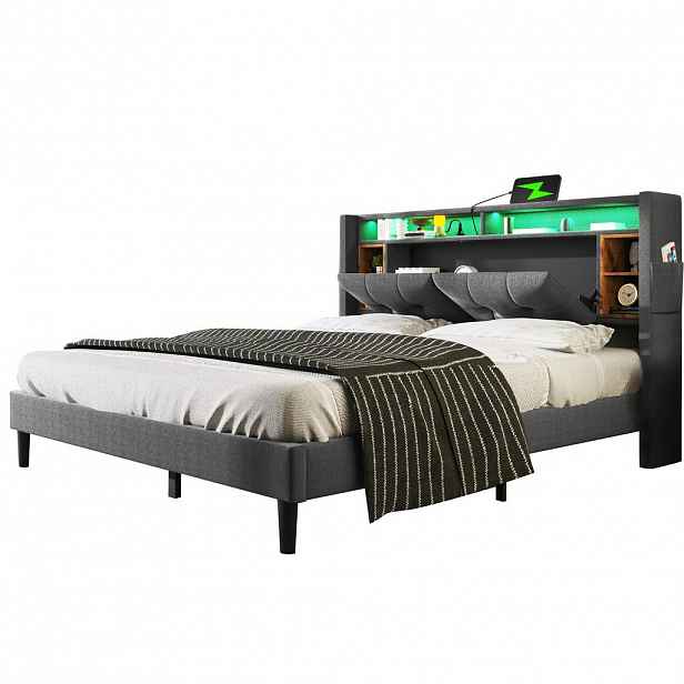 STILVORA ČALOUNĚNÁ POSTEL 140/200 cm šedá s úložným čelem, LED, USB a zásuvkami, len