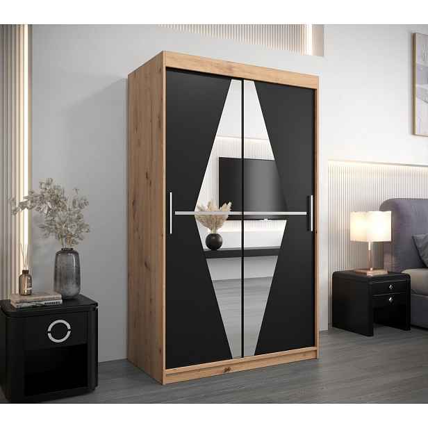 Šatní skříň se zrcadlem KAMILA - šířka 120 cm, dub artisan / černá