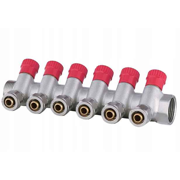 Rozdělovač Pex 1“ x 16 mm 6 Obvodů Sekce Cwu Pro Teplou Vodu Mono Mosazný
