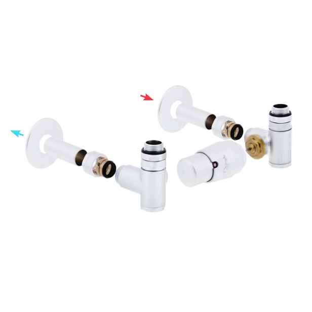 HS Integra - připojovací armatura pro spodní krajní připojení s termostatickou hlavicí napravo pro kombinaci s topnou patronou - bílá (Matice Pex - Alpex 16x2 mm) + krycí sada