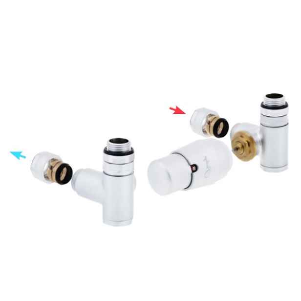 HS Integra - připojovací armatura pro spodní krajní připojení s termostatickou hlavicí napravo pro kombinaci s topnou patronou - bílá (Matice Pex - Alpex 16x2 mm)