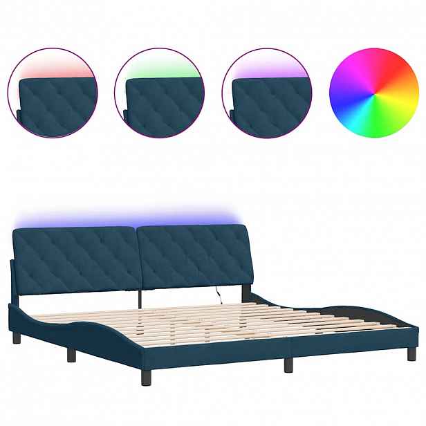 vidaXL Rám postele s LED bez matrace modrý 200 x 200 cm samet