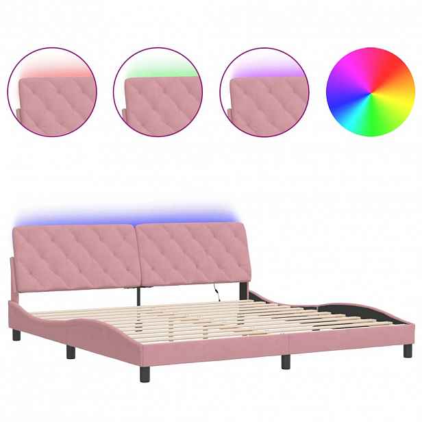 vidaXL Rám postele s LED bez matrace růžový 200 x 200 cm samet