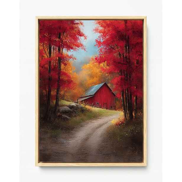 Obraz Rám American Box Krajina Podzim Les Cesta Červená Stodola 60x80
