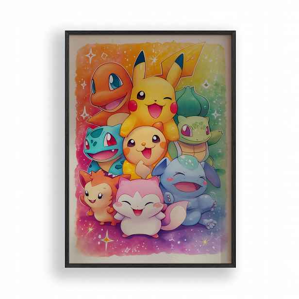 Obraz Pokémon Pikachu Startery Plakát Rámeček Dřevěný Černý 30x42 cm