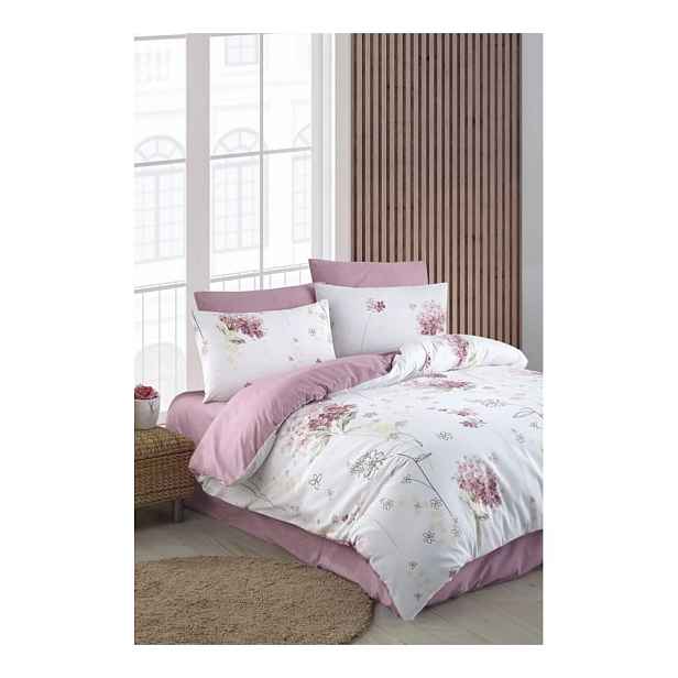 Bílo-růžové 3dílné prodloužené povlečení na jednolůžko s prostěradlem 160x220 cm Floral – Mila Home