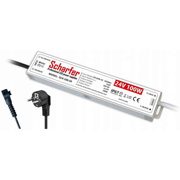 Led zdroj Hermetický 24V 100W Scharfer Montážní Kabely 7Y