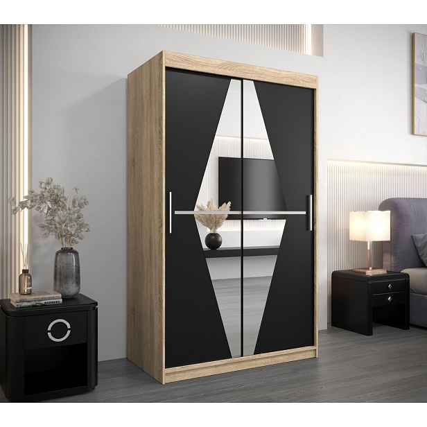Šatní skříň se zrcadlem KAMILA - šířka 120 cm, dub sonoma / černá
