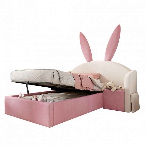 CHICFURN JUNIORSKÁ POSTEL 90/200 cm v béžové a růžové barvě s úložným prostorem a nočním stolkem ze sametu