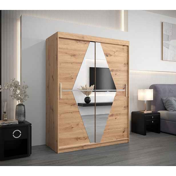 Šatní skříň se zrcadly TATANA - šířka 150 cm, dub artisan