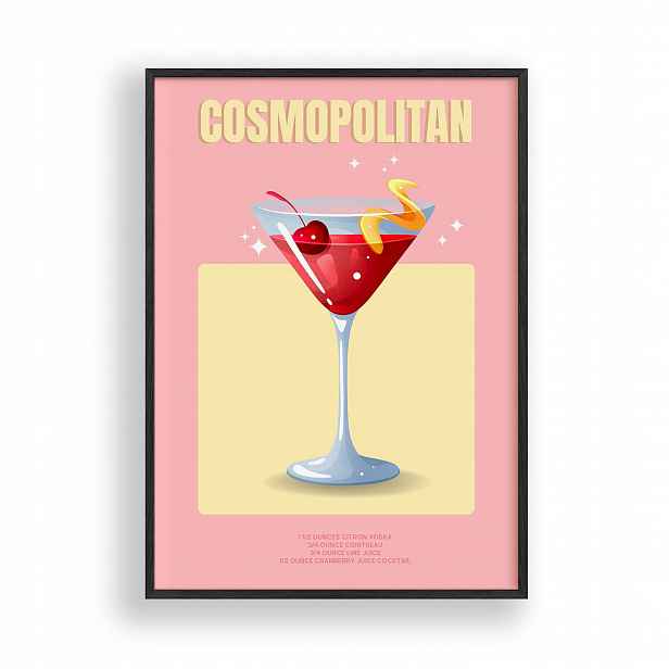 Obraz Koktejl Cosmopolitan Plakát Rámeček Dřevěný Černý 30x42 cm