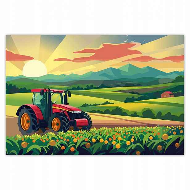 Plakáty 185x125 Traktor v poli při západu slunce