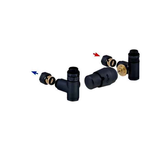 HS Integra - připojovací armatura pro spodní krajní připojení s termostatickou hlavicí napravo pro kombinaci s topnou patronou - černá matná (Matice Pex - Alpex 16x2 mm)