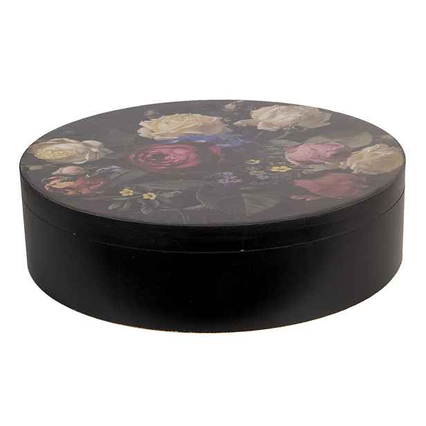Kulatý černý dřevěný úložný box s vintage růžemi - Ø 25*7 cm Clayre & Eef