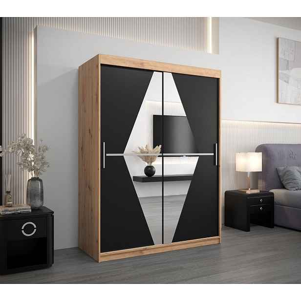 Šatní skříň se zrcadly TATANA - šířka 150 cm, dub artisan / černá
