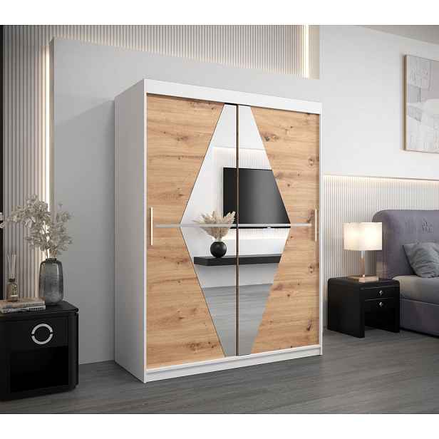 Šatní skříň se zrcadly TATANA - šířka 150 cm, bílá / dub artisan