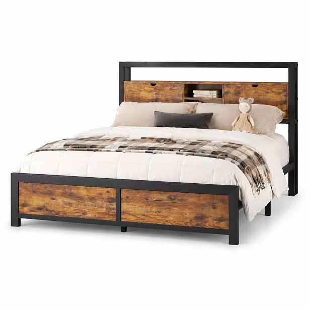 CHICFURN KOVOVÁ POSTEL 140/200 cm v přírodní barvě s čelem postele s úložným prostorem a odkládací plochou